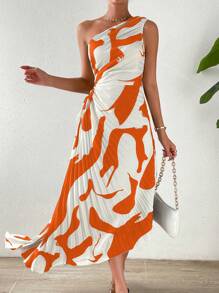 Chiquease Spring Break One Shoulder Cut Out Waist Pleated Asymmetrical Hem Prom Dress - Orange - View 3