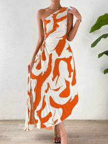Chiquease Spring Break One Shoulder Cut Out Waist Pleated Asymmetrical Hem Prom Dress - Orange - View 4