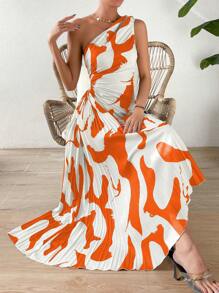 Chiquease Spring Break One Shoulder Cut Out Waist Pleated Asymmetrical Hem Prom Dress - Orange - View 5