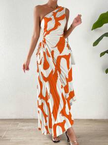 Chiquease Spring Break One Shoulder Cut Out Waist Pleated Asymmetrical Hem Prom Dress - Orange - View 6