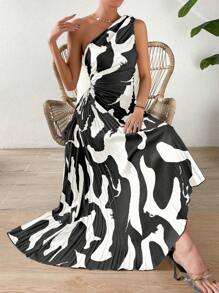 RosyDaze Đầm Maxi Dự Tiệc Mùa Xuân Khoét Một Bên Vai, Eo Xếp Ly, Viền Bất Đối Xứng, Trang Phục Cho Nữ - màu đen - Xem 5