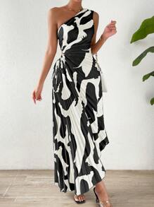 RosyDaze Đầm Maxi Dự Tiệc Mùa Xuân Khoét Một Bên Vai, Eo Xếp Ly, Viền Bất Đối Xứng, Trang Phục Cho Nữ - màu đen - Xem 6