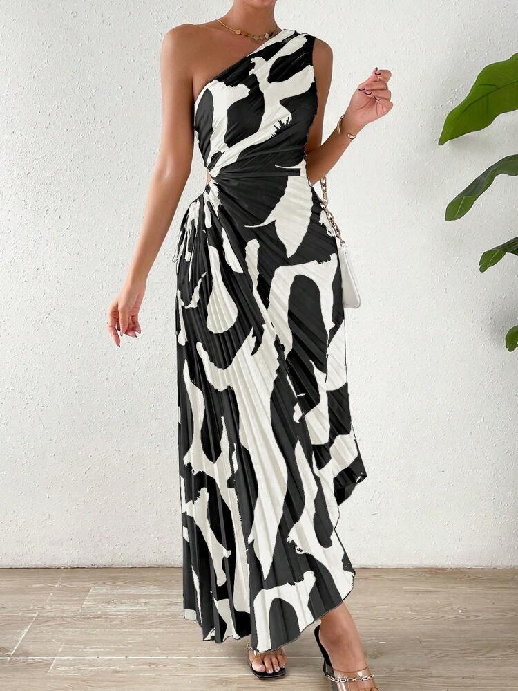 Spring Break One Shoulder Cut Out Waist Pleated Asymmetrical Hem Prom Dress Maxi Women Outfit