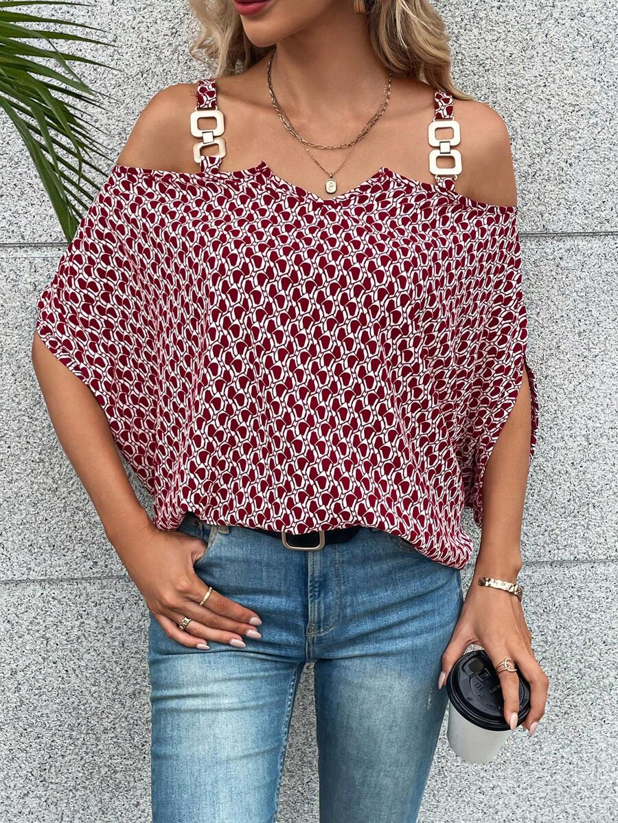 SHEIN LUNE 波西米亞金屬錬全身印花女士襯衫 - 酒紅色 - 查看 1