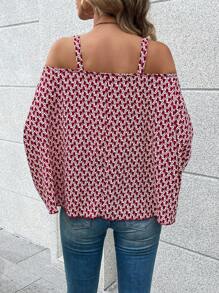 SHEIN LUNE 波西米亞金屬錬全身印花女士襯衫 - 酒紅色 - 查看 2