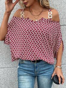 SHEIN LUNE 波西米亞金屬錬全身印花女士襯衫 - 酒紅色 - 查看 4