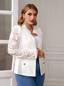 SHEIN Clasi 優雅蕾絲拼接 雙排釦純色大碼夾克 - 白色 - 查看 4