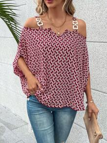 SHEIN LUNE 波西米亞金屬錬全身印花女士襯衫 - 酒紅色 - 查看 6