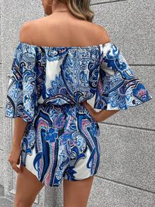 SHEIN LUNE Paisley Print Off Shoulder Flounce Sleeve Romper - Blue - View 2