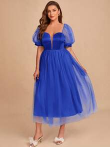 SHEIN Belle 大碼雞心領口泡泡袖網紗覆蓋伴娘洋裝 - 藏蓝色 - 查看 2