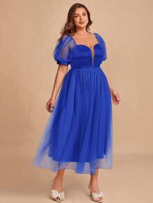 SHEIN Belle 大碼雞心領口泡泡袖網紗覆蓋伴娘洋裝 - 藏蓝色 - 查看 6