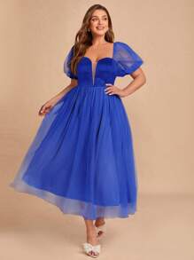 SHEIN Belle 大碼雞心領口泡泡袖網紗覆蓋伴娘洋裝 - 藏蓝色 - 查看 1