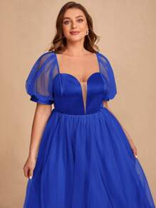 SHEIN Belle 大碼雞心領口泡泡袖網紗覆蓋伴娘洋裝 - 藏蓝色 - 查看 7