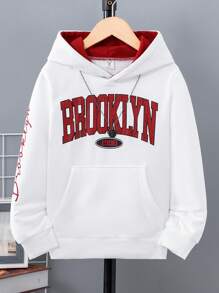 SHEIN Tween Boy Letter Graphic Kangaroo Pocket Drawstring Sweatshirt - White - View 1