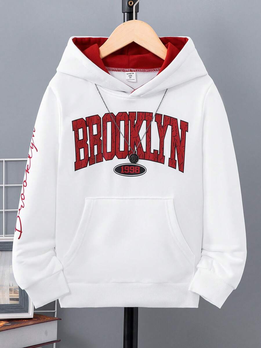 SHEIN Tween Boy Letter Graphic Kangaroo Pocket Drawstring Sweatshirt - White - View 1