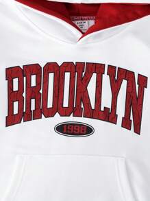 SHEIN Tween Boy Letter Graphic Kangaroo Pocket Drawstring Sweatshirt - White - View 3