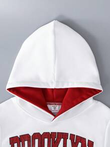 SHEIN Tween Boy Letter Graphic Kangaroo Pocket Drawstring Sweatshirt - White - View 4