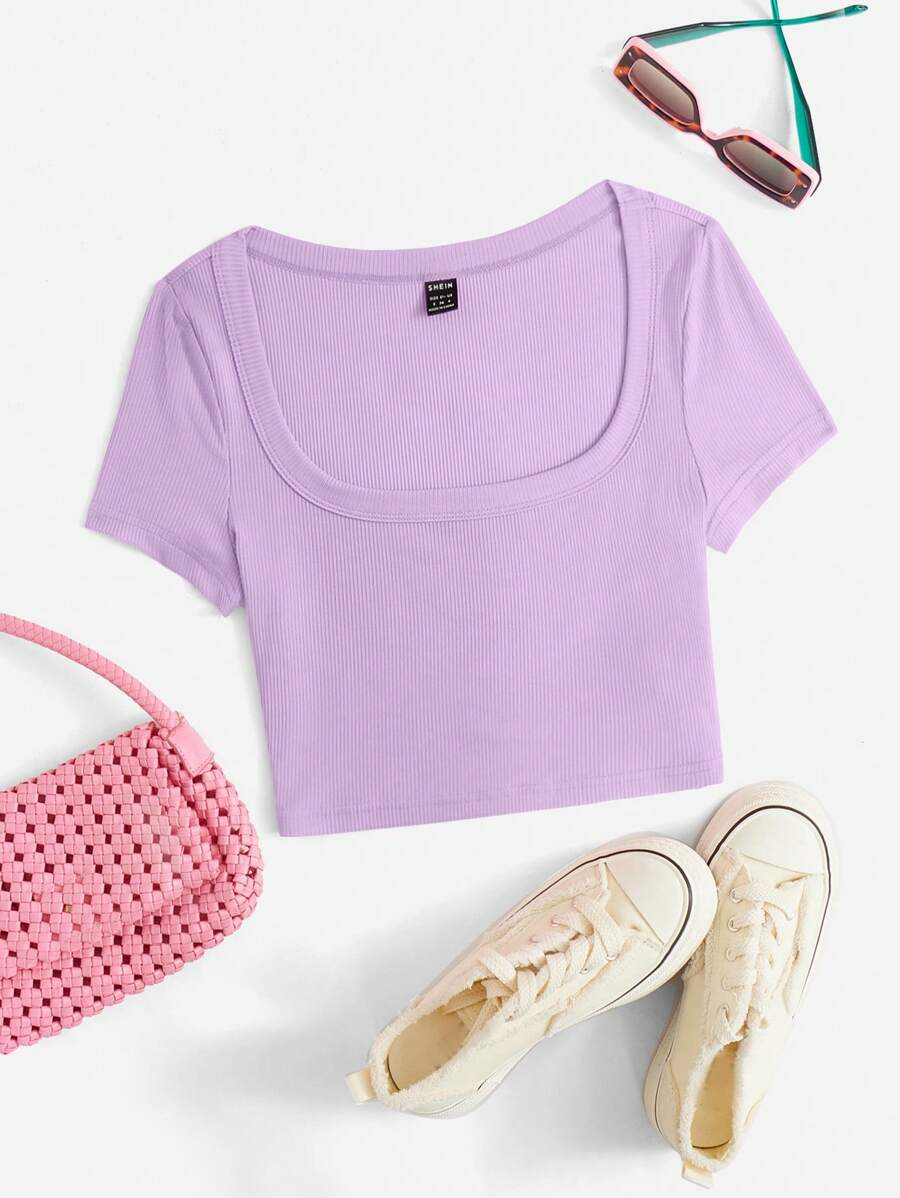 SHEIN EZwear Square Neck Solid Crop Tee - Lilac Purple - View 1