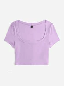 SHEIN EZwear Square Neck Solid Crop Tee - Lilac Purple - View 3