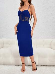 SHEIN Privé Contrast Lace Cami Bodycon Dress - Royal Blue - View 6