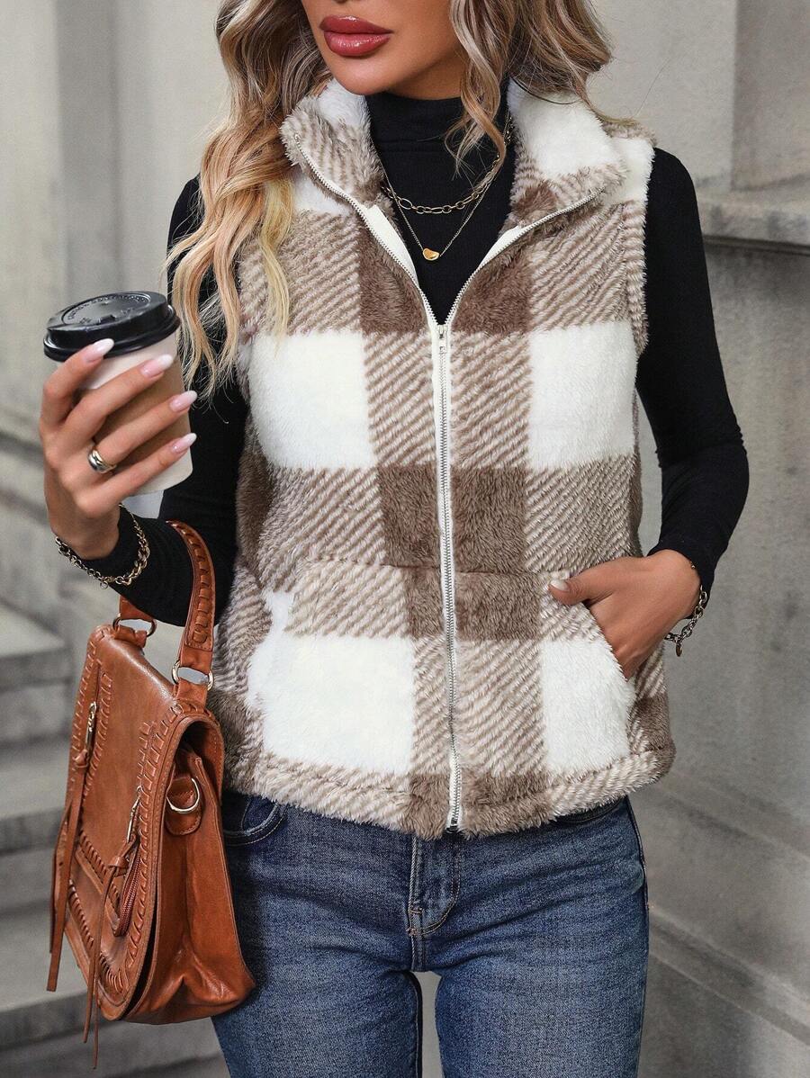 SHEIN LUNE 大方格圖案拉鍊絨毛夾克背心 - 卡其色 - 查看 1