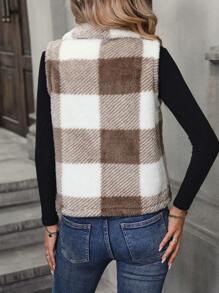SHEIN LUNE 大方格圖案拉鍊絨毛夾克背心 - 卡其色 - 查看 2