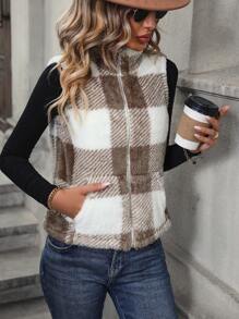 SHEIN LUNE 大方格圖案拉鍊絨毛夾克背心 - 卡其色 - 查看 3