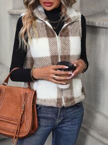 SHEIN LUNE 大方格圖案拉鍊絨毛夾克背心 - 卡其色 - 查看 4