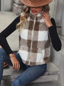 SHEIN LUNE 大方格圖案拉鍊絨毛夾克背心 - 卡其色 - 查看 6