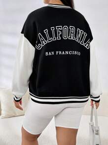 SHEIN EZwear 大碼字母圖案條紋飾邊落肩袖雙色夾克 - 黑與白 - 查看 6