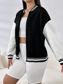 SHEIN EZwear 大碼字母圖案條紋飾邊落肩袖雙色夾克 - 黑與白 - 查看 3