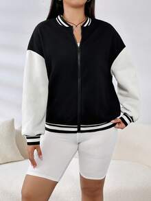 SHEIN EZwear 大碼字母圖案條紋飾邊落肩袖雙色夾克 - 黑與白 - 查看 4