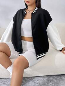 SHEIN EZwear 大碼字母圖案條紋飾邊落肩袖雙色夾克 - 黑與白 - 查看 5