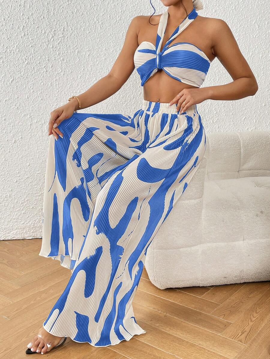 SHEIN Privé 休閒露背 後系帶 百褶全身印花女士兩件套 - 藍白色 - 查看 1