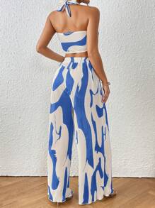 SHEIN Privé 休閒露背 後系帶 百褶全身印花女士兩件套 - 藍白色 - 查看 2
