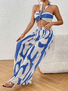 SHEIN Privé 休閒露背 後系帶 百褶全身印花女士兩件套 - 藍白色 - 查看 5