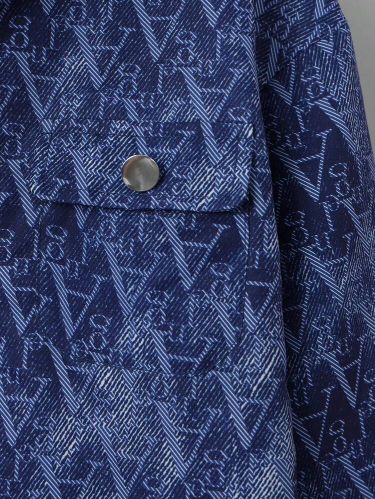 Tween Boy 1pc Allover Letter Graphic Flap Pocket Denim-Effect Thermal Coat