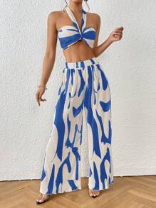 SHEIN Privé 休閒露背 後系帶 百褶全身印花女士兩件套 - 藍白色 - 查看 6