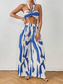 SHEIN Privé 休閒露背 後系帶 百褶全身印花女士兩件套 - 藍白色 - 查看 7