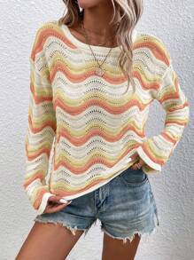 SHEIN LUNE Khối màu Dệt kim chấm bi Thả vai Áo len - Màu vàng - Xem 1