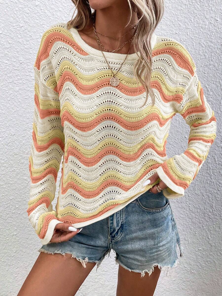 SHEIN LUNE Khối màu Dệt kim chấm bi Thả vai Áo len - Màu vàng - Xem 1