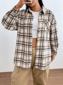 SHEIN EZwear Hơn In kẻ sọc Thả vai áo - Màu Khaki - Xem 1