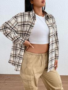 SHEIN EZwear Hơn In kẻ sọc Thả vai áo - Màu Khaki - Xem 3