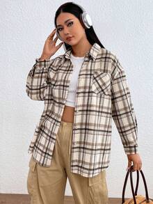 SHEIN EZwear Hơn In kẻ sọc Thả vai áo - Màu Khaki - Xem 4