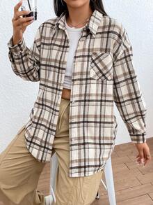 SHEIN EZwear Hơn In kẻ sọc Thả vai áo - Màu Khaki - Xem 5