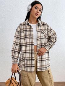 SHEIN EZwear Hơn In kẻ sọc Thả vai áo - Màu Khaki - Xem 6