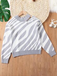 SHEIN Tween Girl Zebra Striped Pattern Cut Out Shoulder Sweater - Light Grey - View 1