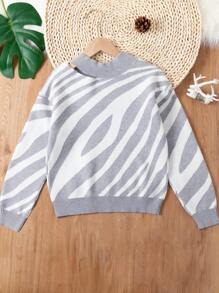 SHEIN Tween Girl Zebra Striped Pattern Cut Out Shoulder Sweater - Light Grey - View 2