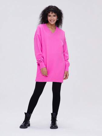 V Neck Drop Shoulder Sweater Dress