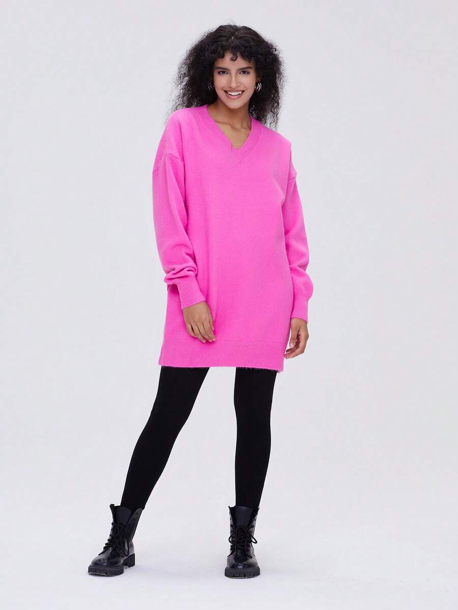 Vestido de punto de cuello V de hombros caídos - Rosa Fucsia - Ver 1
